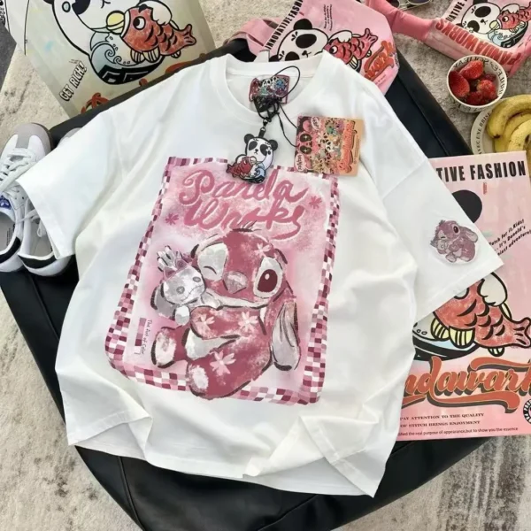 100%纯棉重磅史迪仔减龄洋气网红双面印花男女情侣短袖