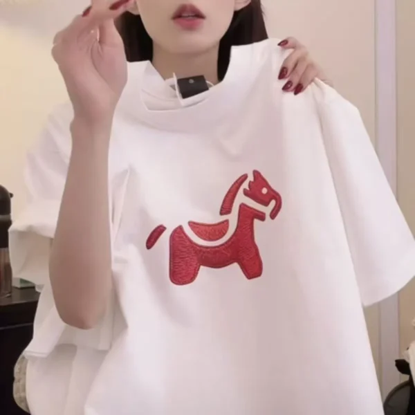 100%纯棉圆领2026木马网红透气短袖t恤男女夏季爆款休闲百搭情侣上衣