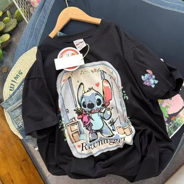 100%纯棉重磅大小图史迪仔减龄透气网红双面印花男女情侣短袖