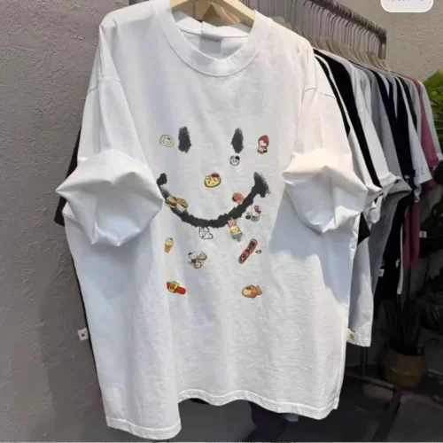 7ea22f115129cea6e04dd1b590f879d8 100%纯棉卡通可爱显瘦笑脸减龄爆款圆透网红气领短袖t恤