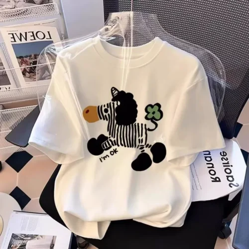 100%纯棉重磅减龄斑马洋气网红双面印花男女情侣短袖