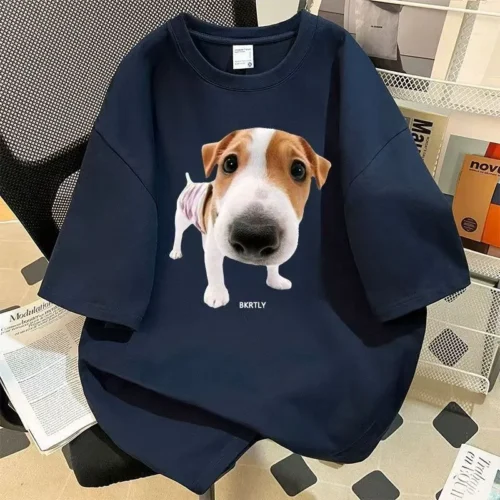 100%纯棉重磅减龄大鼻子狗显瘦洋气网红单面印花男女情侣短袖