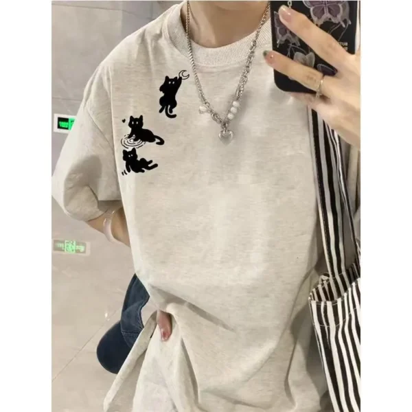 100%纯棉黑色小猫网红款透气领短袖t恤男女夏季爆款休闲百搭