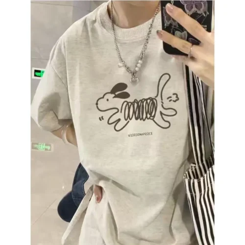 100%纯棉线条小狗透气领短袖t恤男女运动爆款休闲百搭情侣上衣