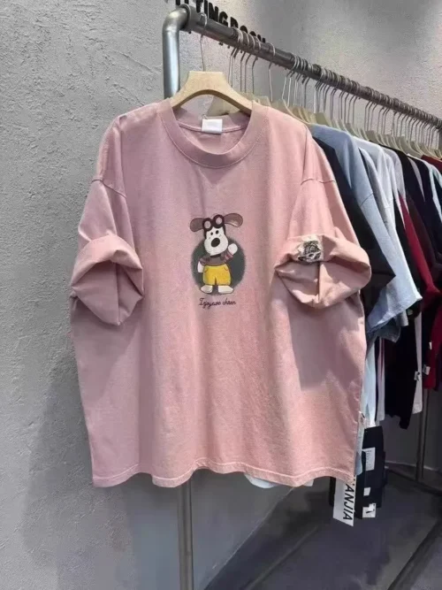 8c64ed9504f695cee1a8b978fdb4a255 100%纯棉卡通可爱狗狗女孩减龄爆款圆透网红气领短袖t恤