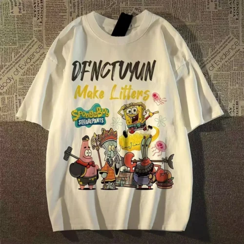 9 100%纯棉卡通可爱海绵宝宝气领短袖t恤男女夏季爆款休闲百搭