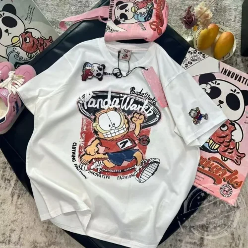 100%纯棉卡通加菲猫显瘦高级感女孩减龄爆款圆领透气