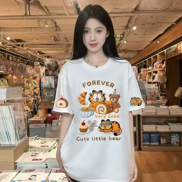 100%纯棉重磅三印花加菲猫复古爆款双面情侣短袖t恤夏宽松美式