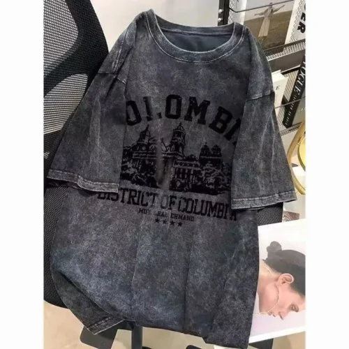 90d75ef667a5eebd1b7ede0c592eeff5 100%纯棉ins美式个性扎染短袖t恤男女四季耳机街头风宽松圆领情侣上衣