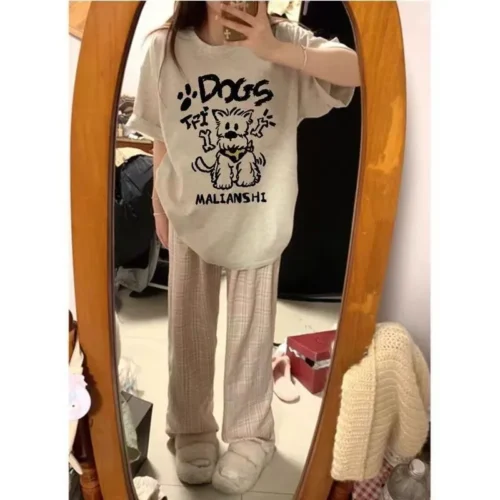 100%纯棉卡通网红透气领短袖t恤男女夏季爆款休闲百搭情侣上衣