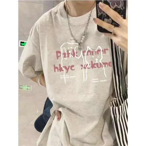 100%纯棉简单字母小猫个性圆透网红气领短袖t恤男女夏季爆款休闲百搭