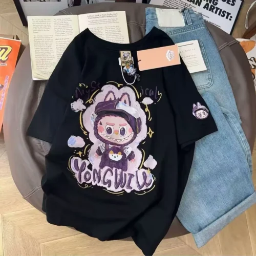 100%纯棉重磅网红拉布布爆款双面印花男女情侣短袖t恤夏宽松美式