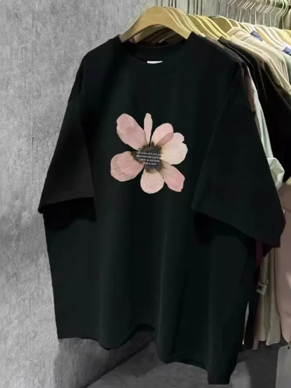 100%纯棉卡通可爱显瘦花花减龄爆款圆透网红气领短袖