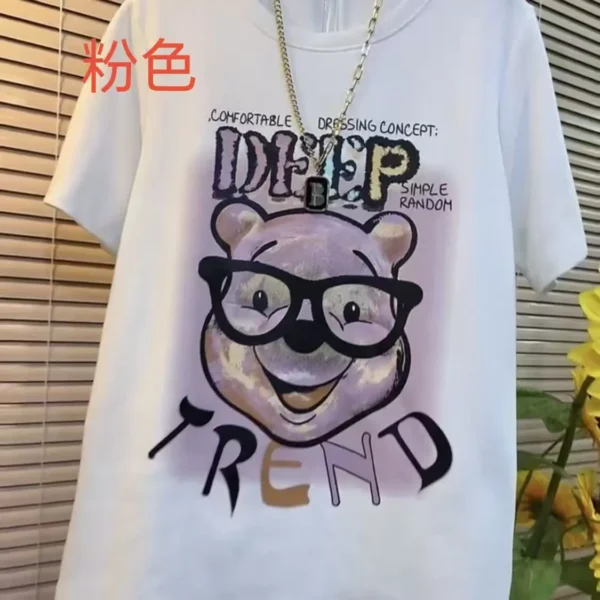 100%纯棉维尼熊粉色圆领短袖t恤男女夏季爆款休闲百搭