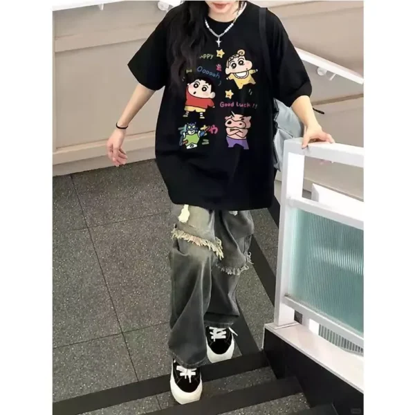 100%纯棉蜡笔小新四宫格透网红气领短袖t恤男女夏季爆款休闲百搭