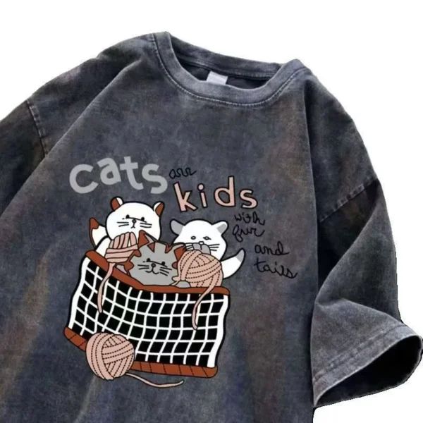 100%纯棉薄款毛线小猫个性情侣款扎染短袖t恤男女四季卡通街头风