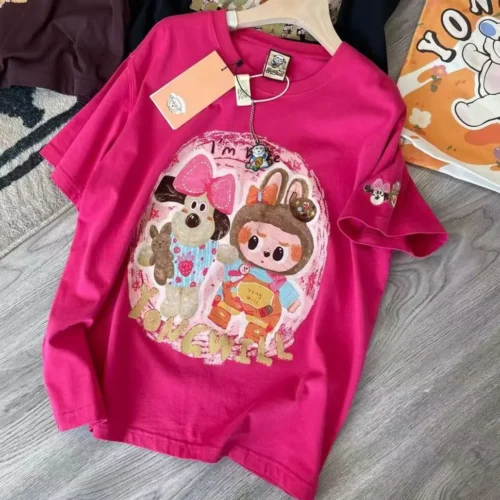 aee3699d8084e79d9afa52d77c77dc1d 100%纯棉大图拉布布设计感大气重磅网红双面印花男女情侣短袖