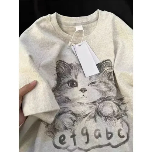 100%纯棉透气水墨画猫咪网红款圆领短袖t恤男女夏季爆款