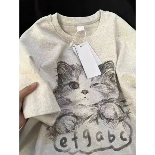 100%纯棉透气水墨画猫咪网红款圆领短袖t恤男女夏季爆款