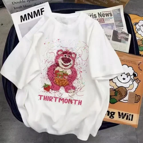 100%纯棉草莓熊透气网红款圆领短袖t恤男女夏季爆款