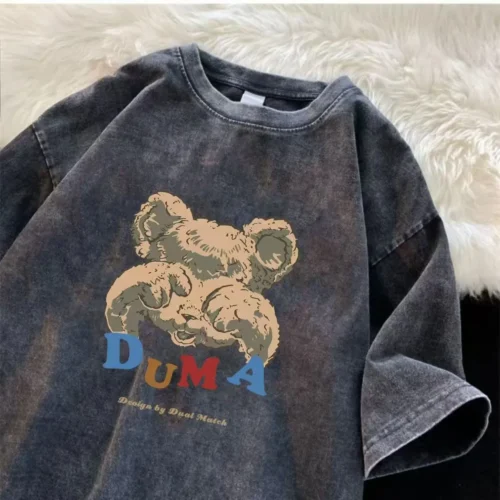 100%纯棉薄款时尚百搭印花潮牌小熊个性情侣款扎染短袖t恤男女四季