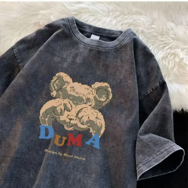 100%纯棉薄款时尚百搭印花潮牌小熊个性情侣款扎染短袖t恤男女四季