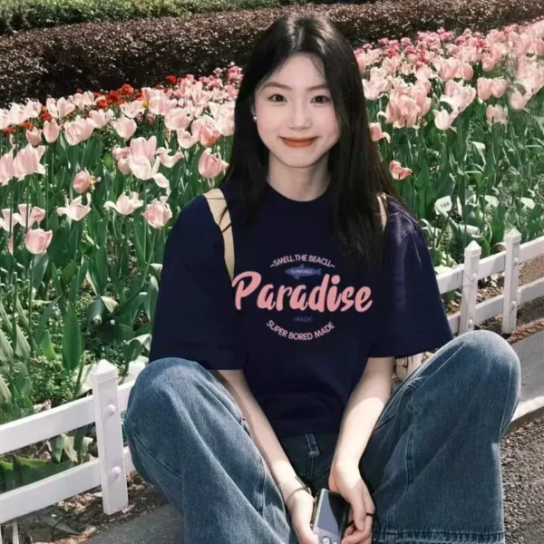 100%纯棉简单字母个性圆透网红气领短袖t恤男女夏季爆款休闲百搭