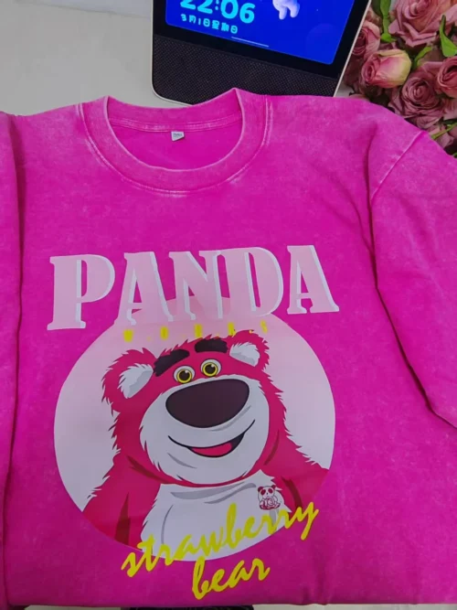 100%纯棉美式草莓熊个性扎染短袖t恤男女夏季街头风宽松圆领情侣上衣