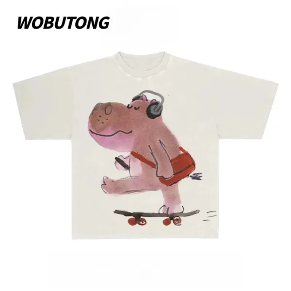 100%纯棉简河马重磅个性圆透网红气领短袖t恤男女夏季爆款休闲百搭