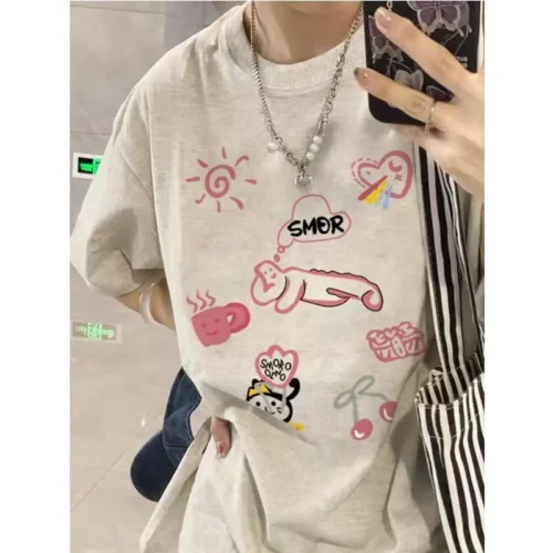 100%纯棉抽象卡通设计个性圆透网红气领短袖t恤男女夏季爆款休闲百搭