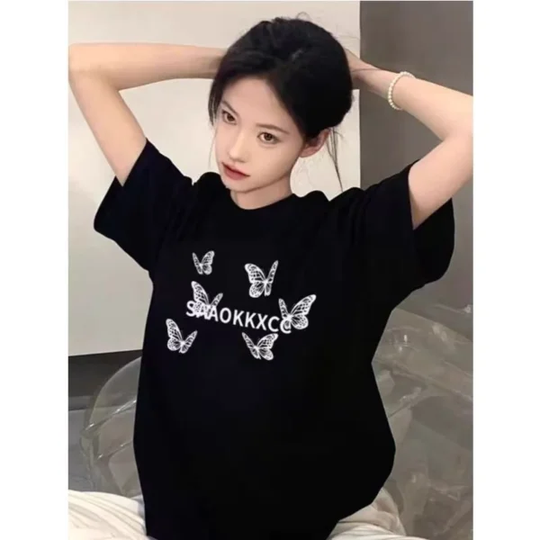 100%纯棉蝴蝶设计个性圆透网红气领短袖t恤男女夏季爆款休闲百搭