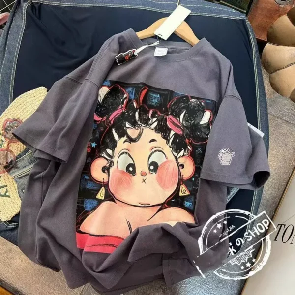 100%纯棉重磅透气设计感减龄宽松网红双面印花男女情侣短袖