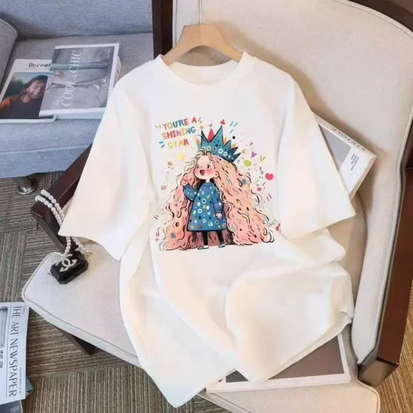 100%纯棉韩版皇冠长发卡通女孩透气网红款圆领短袖t恤男女夏季