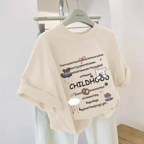 f5864d528767cee922eb1076f94789a7 100%纯棉卡通字母小碎花显瘦高级感女孩减龄爆款圆领