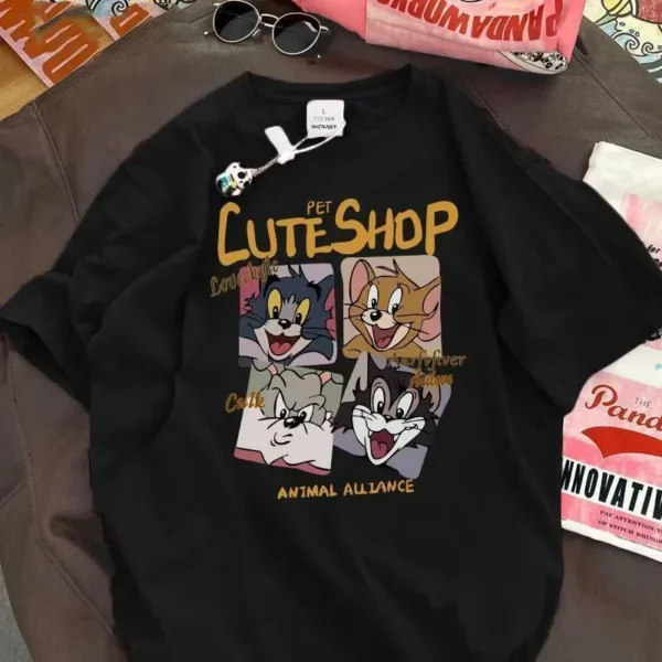 100%纯棉卡通汤姆猫显瘦高级感女孩减龄爆款圆领