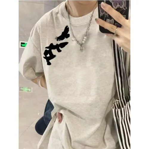 100%纯棉蝴蝶设计个性圆透网红气领短袖t恤男女夏季爆款休闲百搭