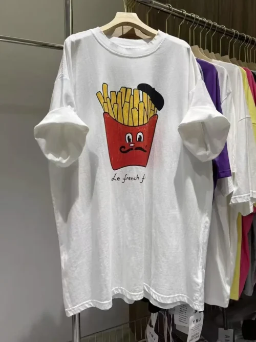 100%纯棉表情包薯条透气网红款圆领网红短袖t恤男女高级感显瘦