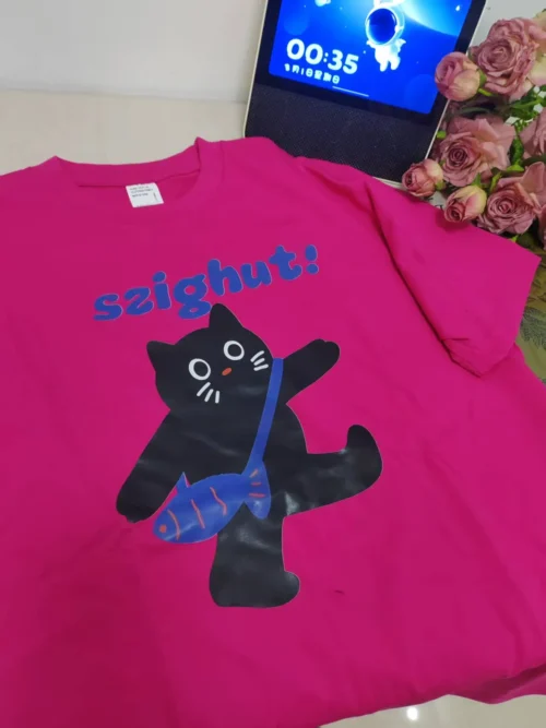 100%纯棉黑色背包小猫透气网红款圆领短袖t恤男女夏季爆款