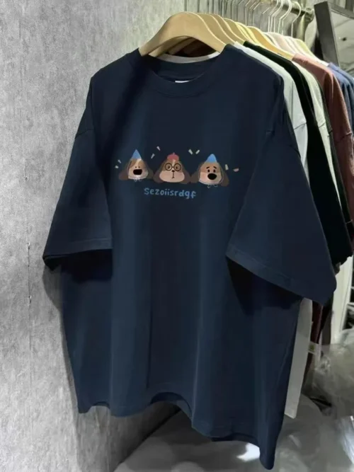 100%纯棉韩版三只卡通狗透气网红款圆领短袖t恤男女夏季爆款