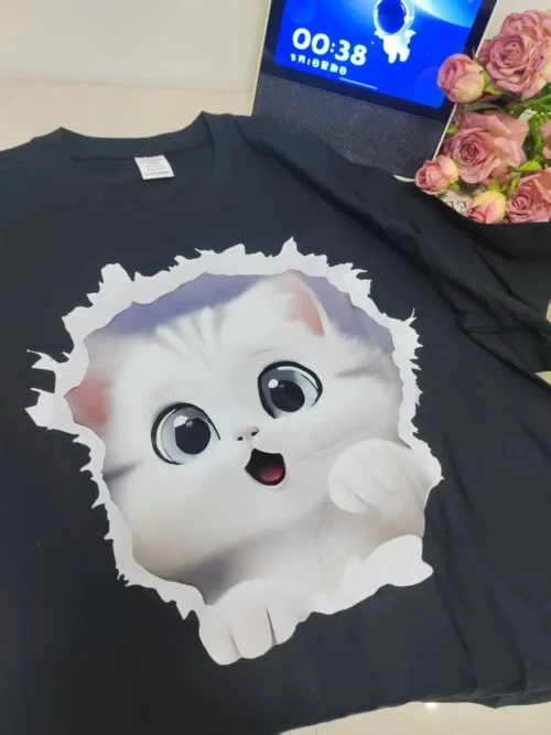 100%纯棉立体小猫咪透气网红款圆领短袖t恤男女夏季爆款