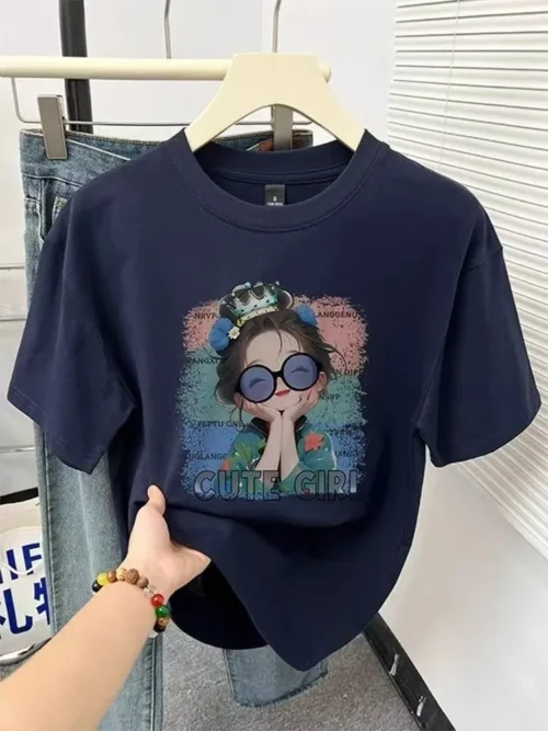 100%纯棉眼镜丸子头女孩透气网红款圆领短袖t恤男女夏季爆款
