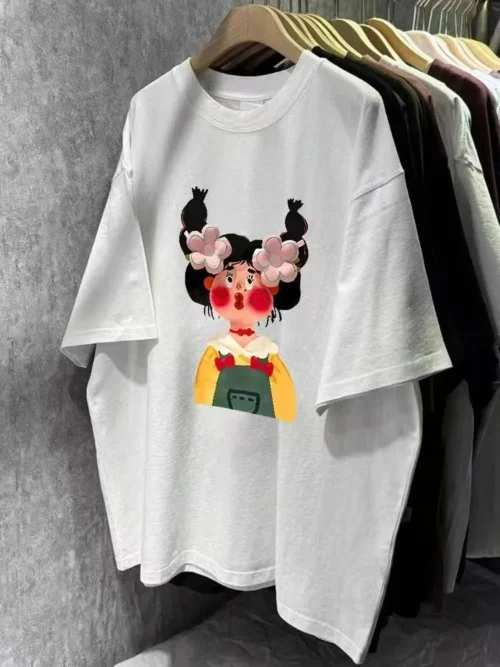 100%纯棉翘辫子女孩高级感透气网红款圆领短袖t恤女夏季爆款