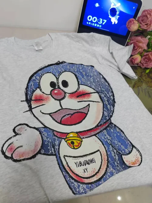 100%纯棉叮当猫高级感显瘦百搭透气网红款圆领短袖t恤男女夏季爆款