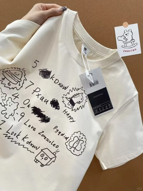 100%纯棉线条卡通透气网红款圆领网红短袖t恤男女同款