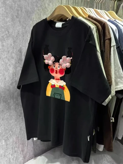 100%纯棉韩版如花小翘辫子透气网红款圆领短袖t恤女夏季爆款