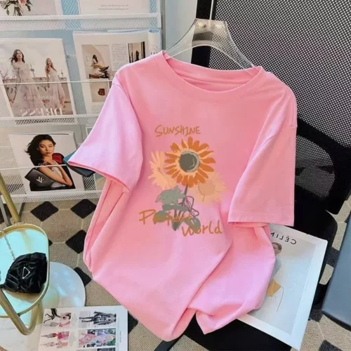 100%纯棉向日葵显瘦大码透气网红款圆领网红短袖t恤男女同款