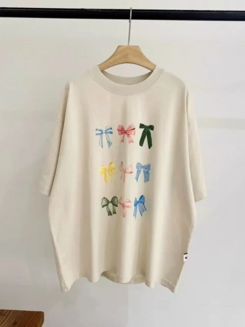 100%纯棉彩色蝴蝶结集合透气网红款圆领网红短袖t恤大码爆款