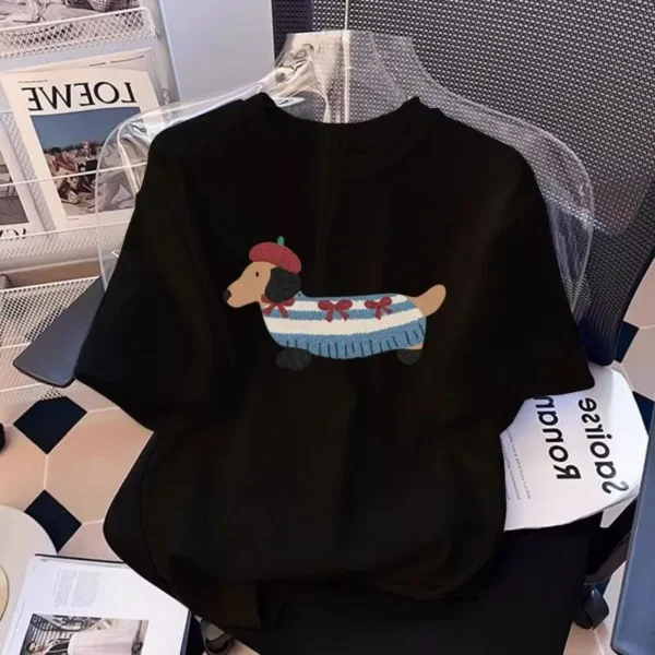 100%纯棉美式腊肠狗透气网红款圆领网红短袖t恤男女同款