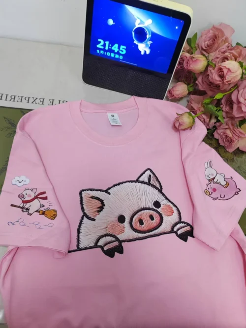 100%纯棉爆款三面印花猪猪显白高级面款透气显瘦高级感减龄爆款