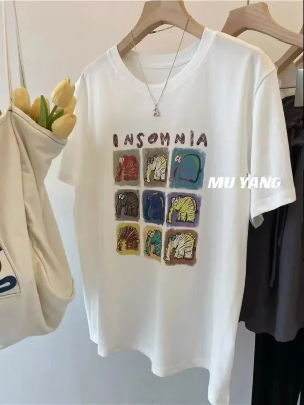 100%纯棉九宫格长鼻子小象2026透气网红款圆领短袖t恤女夏季爆款